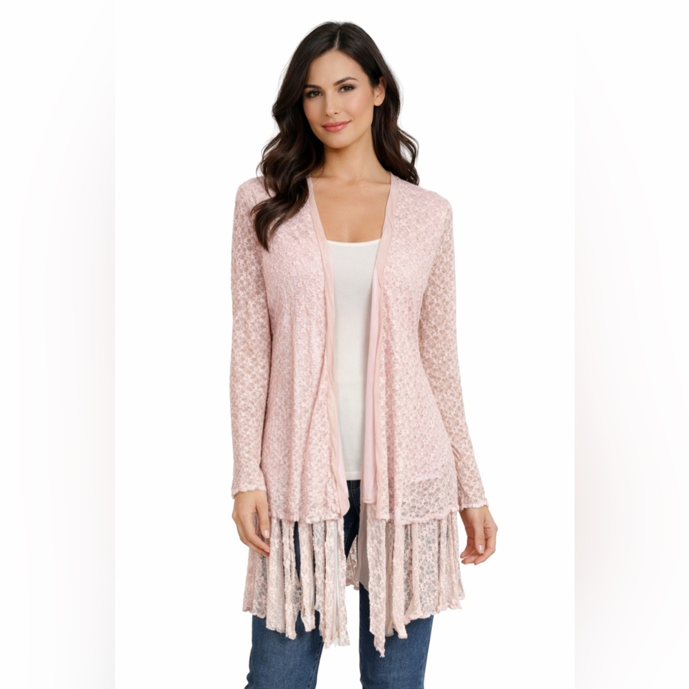 Vintage 90s Blush Pink Lace Fringe Duster Cardigan Boho Romantic